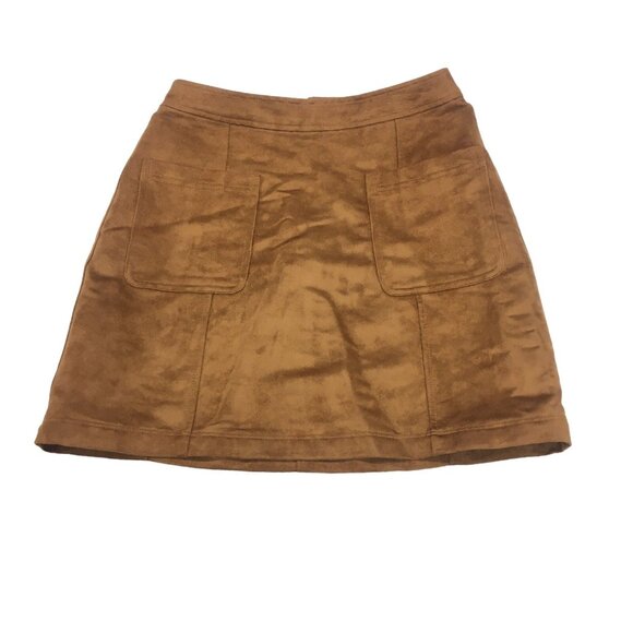 Faux Suede A Line Mini Skirt Y2K Size 0 Zipper Pockets Brown Cognac Old Navy - Picture 2 of 12